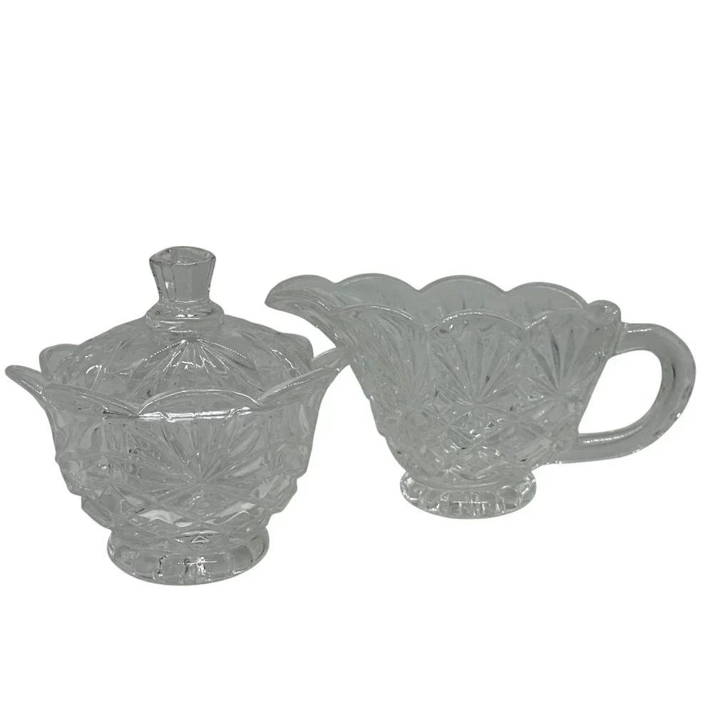 VTG Clear Cut Glass Sugar & Creamer Set | Scalloped Edge Pressed Crystal 4.5
